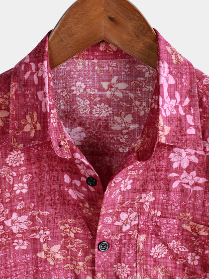 Men's Pink Floral Holiday Casual Pocket Short Sleeve Retro Shirt