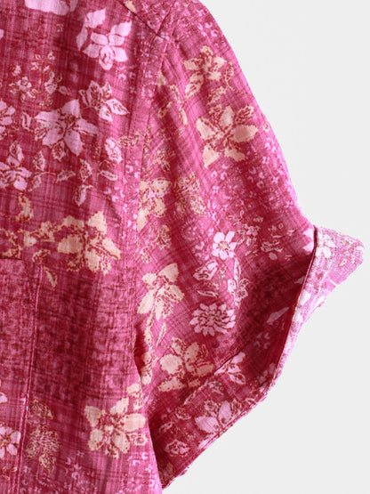 Men's Pink Floral Holiday Casual Pocket Short Sleeve Retro Shirt