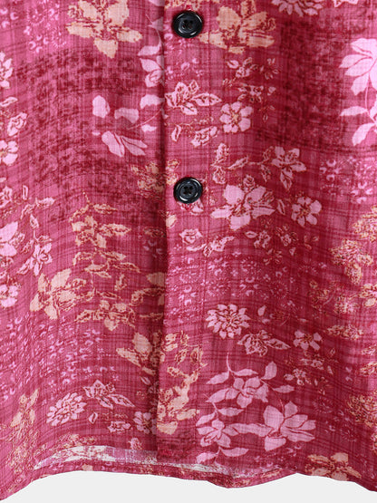Men's Pink Floral Holiday Casual Pocket Short Sleeve Retro Shirt