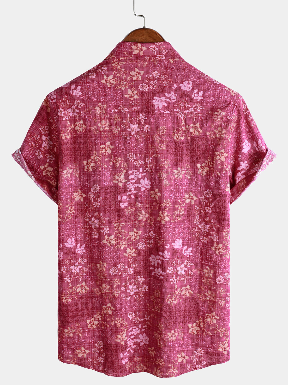 Men's Pink Floral Holiday Casual Pocket Short Sleeve Retro Shirt