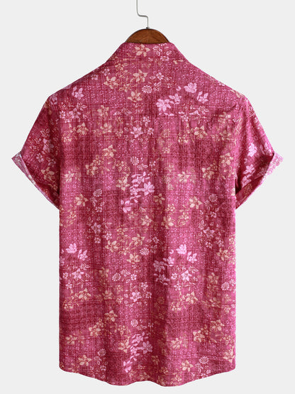 Men's Pink Floral Holiday Casual Pocket Short Sleeve Retro Shirt