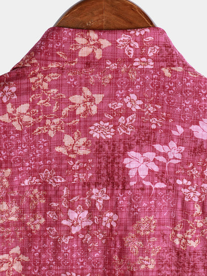 Men's Pink Floral Holiday Casual Pocket Short Sleeve Retro Shirt