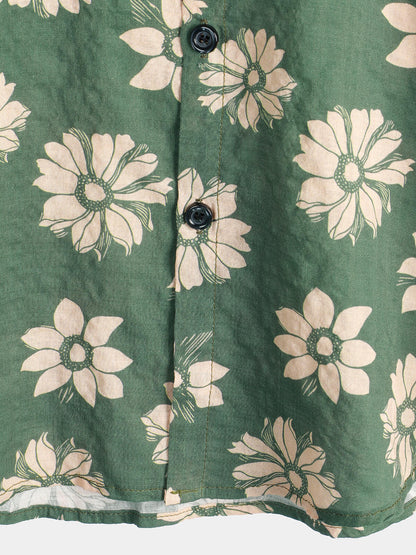 Men's Green Floral Hawaiian Short Sleeve Button Holiday Summer Shirt