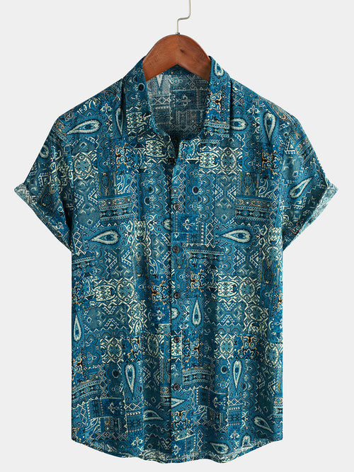 Men's Vintage Beach Tropical Print Vacation Tribal Boho Short Sleeve Retro Blue Button Up Shirt