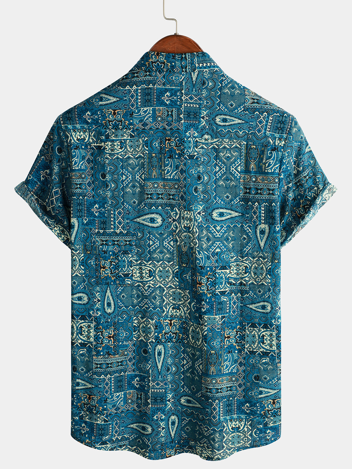 Men's Vintage Beach Tropical Print Vacation Tribal Boho Short Sleeve Retro Blue Button Up Shirt