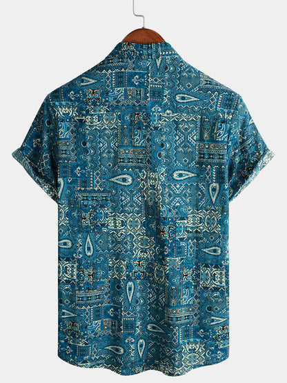 Men's Vintage Beach Tropical Print Vacation Tribal Boho Short Sleeve Retro Blue Button Up Shirt