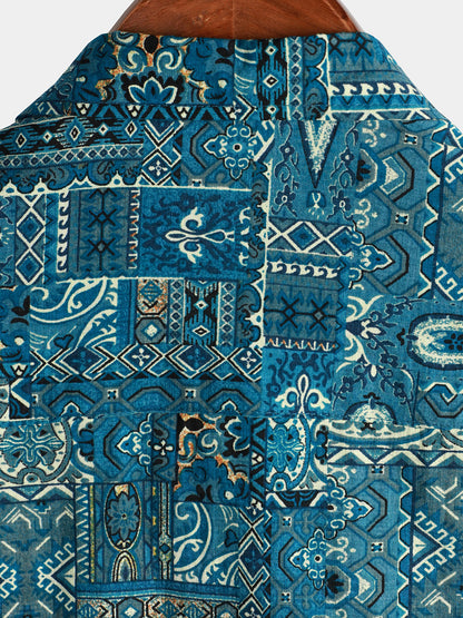 Men's Vintage Beach Tropical Print Vacation Tribal Boho Short Sleeve Retro Blue Button Up Shirt