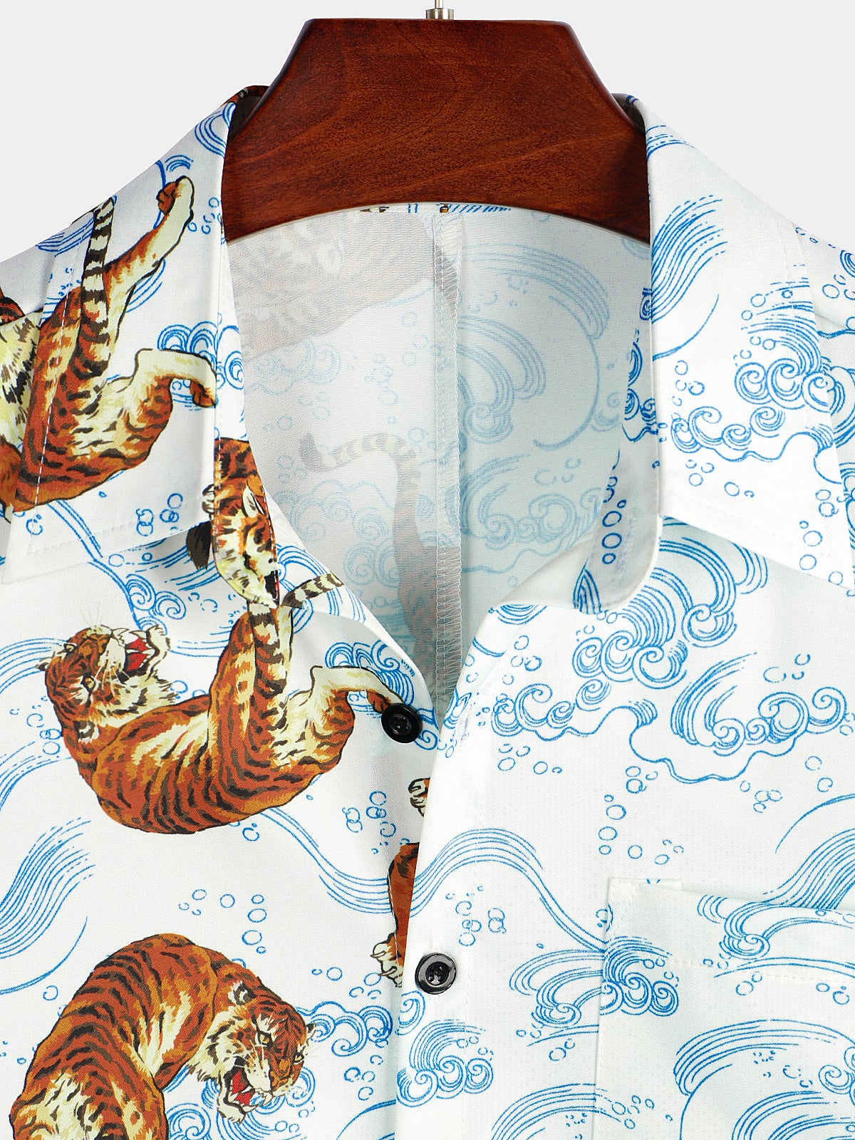 Men's Tiger Animal Print Summer Pocket Button Up Resort Summer Cool Hawaiian Short Sleeve Shirt