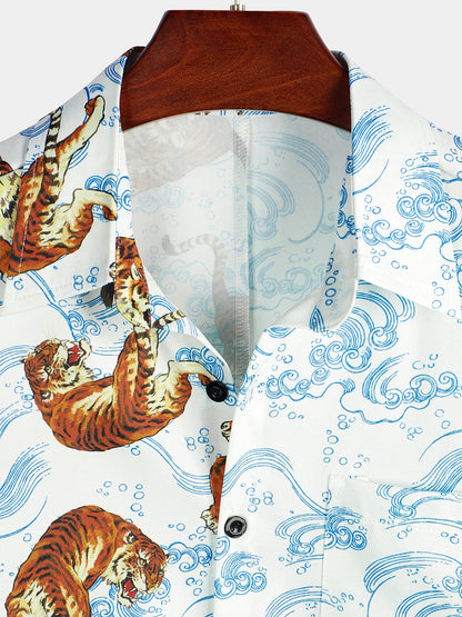 Men's Tiger Animal Print Summer Pocket Button Up Resort Summer Cool Hawaiian Short Sleeve Shirt