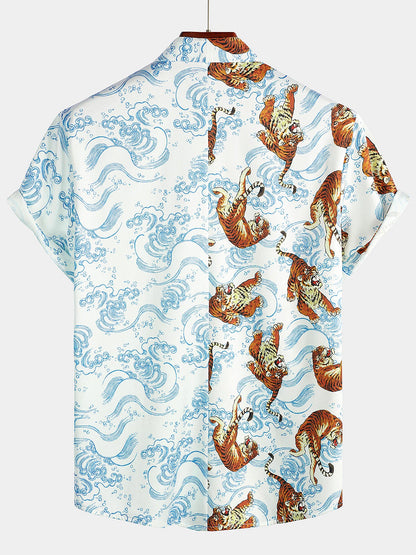 Men's Tiger Animal Print Summer Pocket Button Up Resort Summer Cool Hawaiian Short Sleeve Shirt