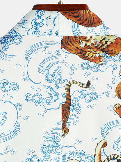 Men's Tiger Animal Print Summer Pocket Button Up Resort Summer Cool Hawaiian Short Sleeve Shirt
