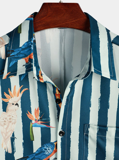 Men's Parrot Print Summer Pocket Short Sleeve Shirt