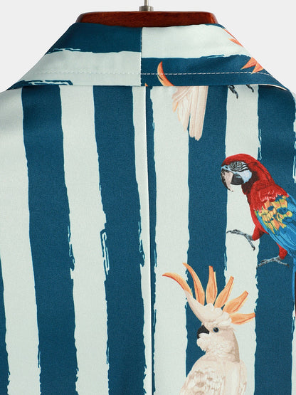 Men's Parrot Print Summer Pocket Short Sleeve Shirt