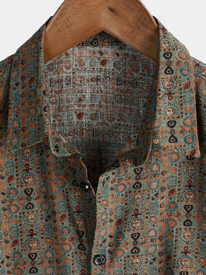 Men's Vintage Paisley Print 70s Button Up Brown Boho Retro Tribal Short Sleeve Shirt