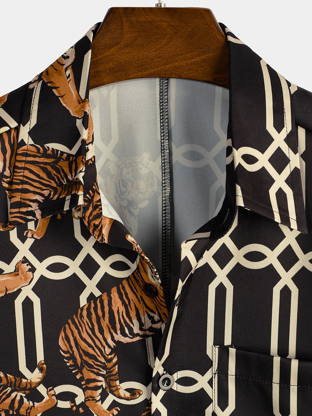 Men's Casual Tiger Print Pocket Short Sleeve Shirt