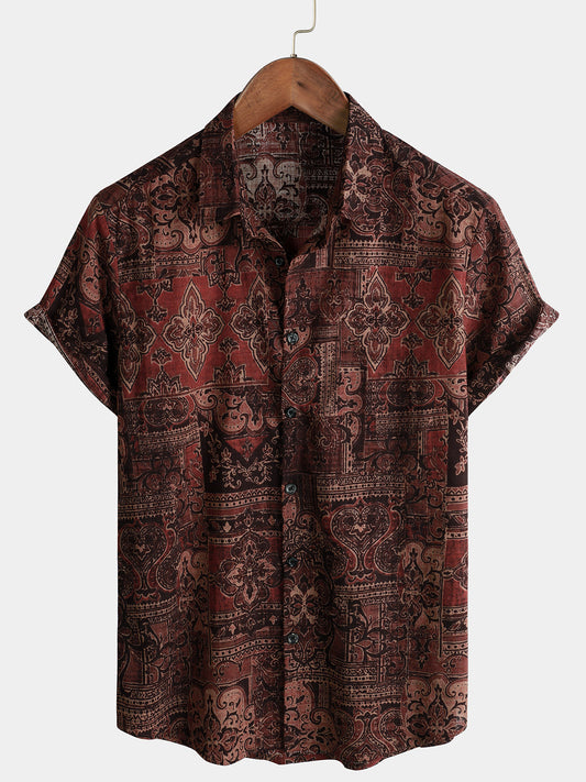 Men's Retro Paisley Floral Print Cotton Button Up Vintage Holiday Western Brown Short Sleeve Shirt