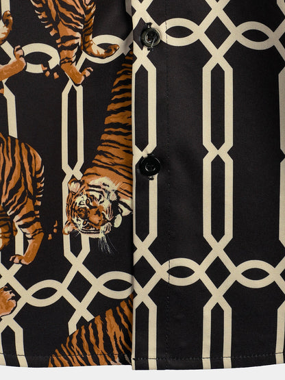 Men's Casual Tiger Print Pocket Short Sleeve Shirt