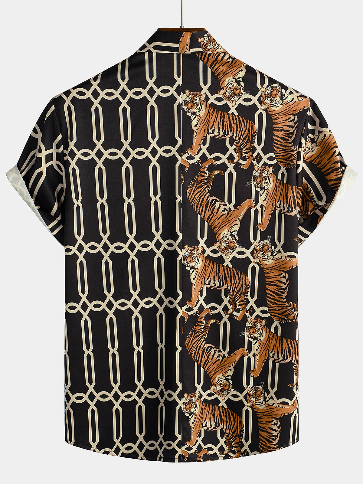 Men's Casual Tiger Print Pocket Short Sleeve Shirt