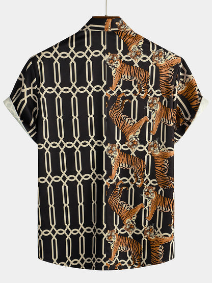 Men's Casual Tiger Print Pocket Short Sleeve Shirt