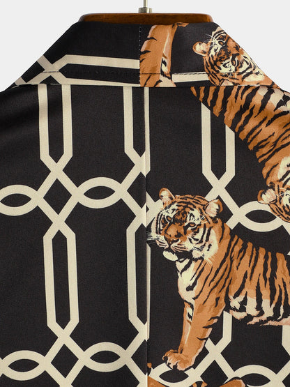 Men's Casual Tiger Print Pocket Short Sleeve Shirt