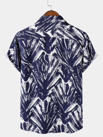 Men's Navy Blue Abstract Geometric Print Short Sleeve Shirt