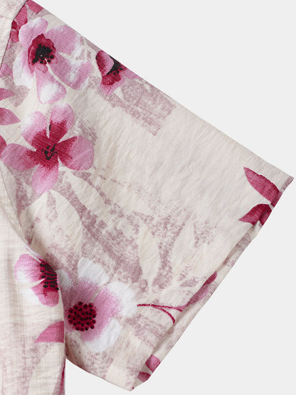 Men's Pink Floral Holiday Button Up Short Sleeve Shirt