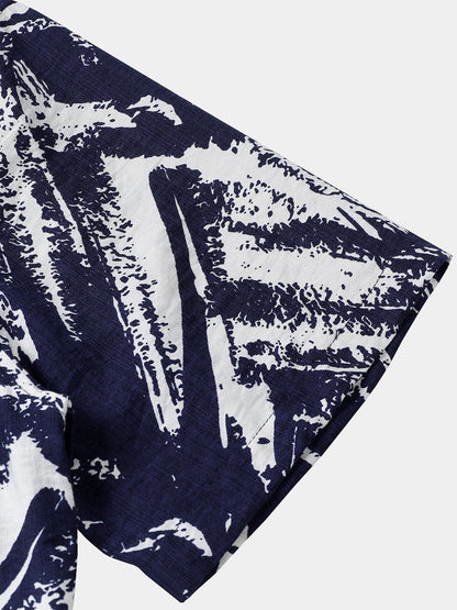 Men's Navy Blue Abstract Geometric Print Short Sleeve Shirt