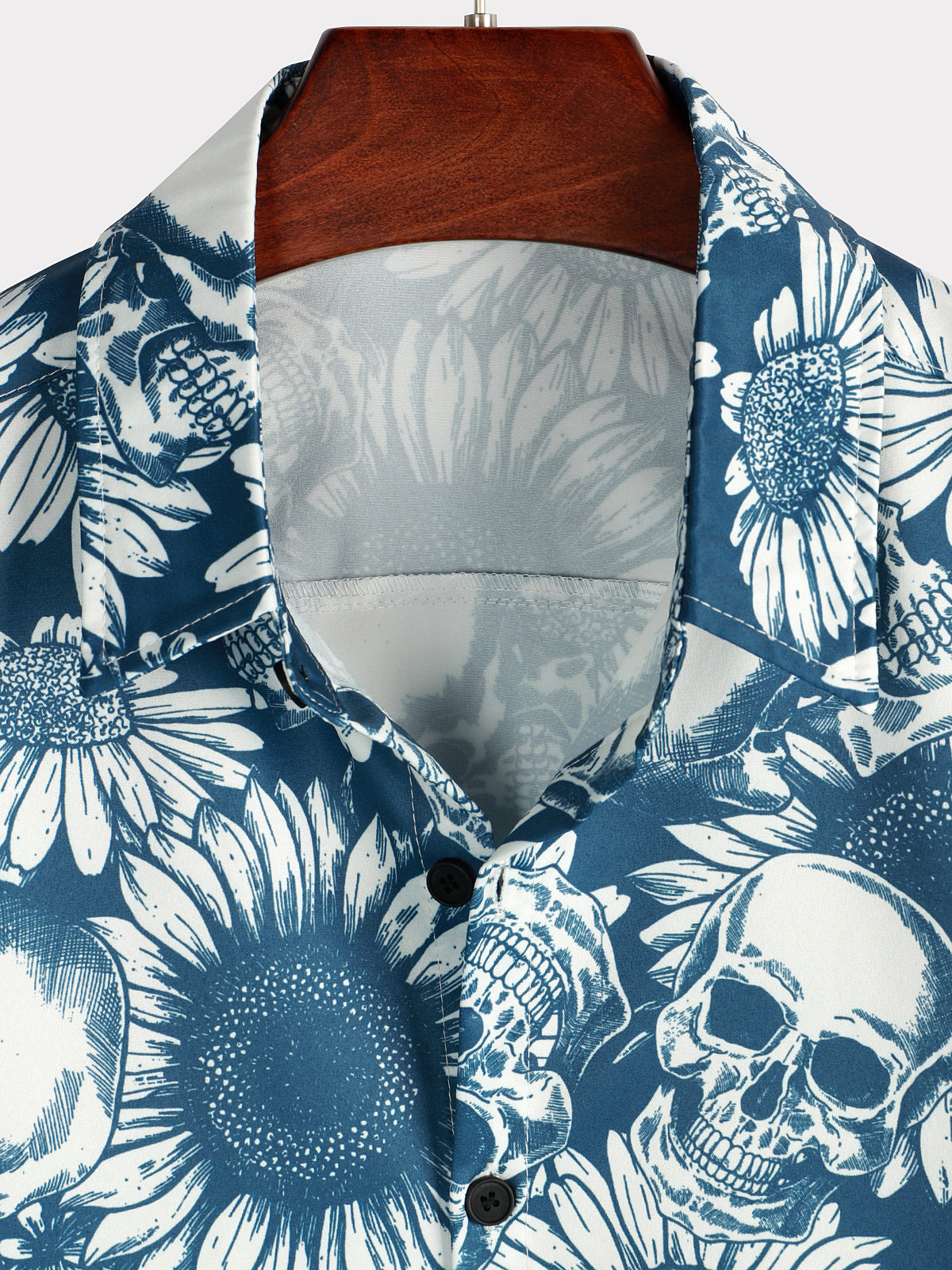 Men's Skull Sunflower Button Up Short Sleeve Art Flower Blue Rock and Roll Hawaiian Shirt