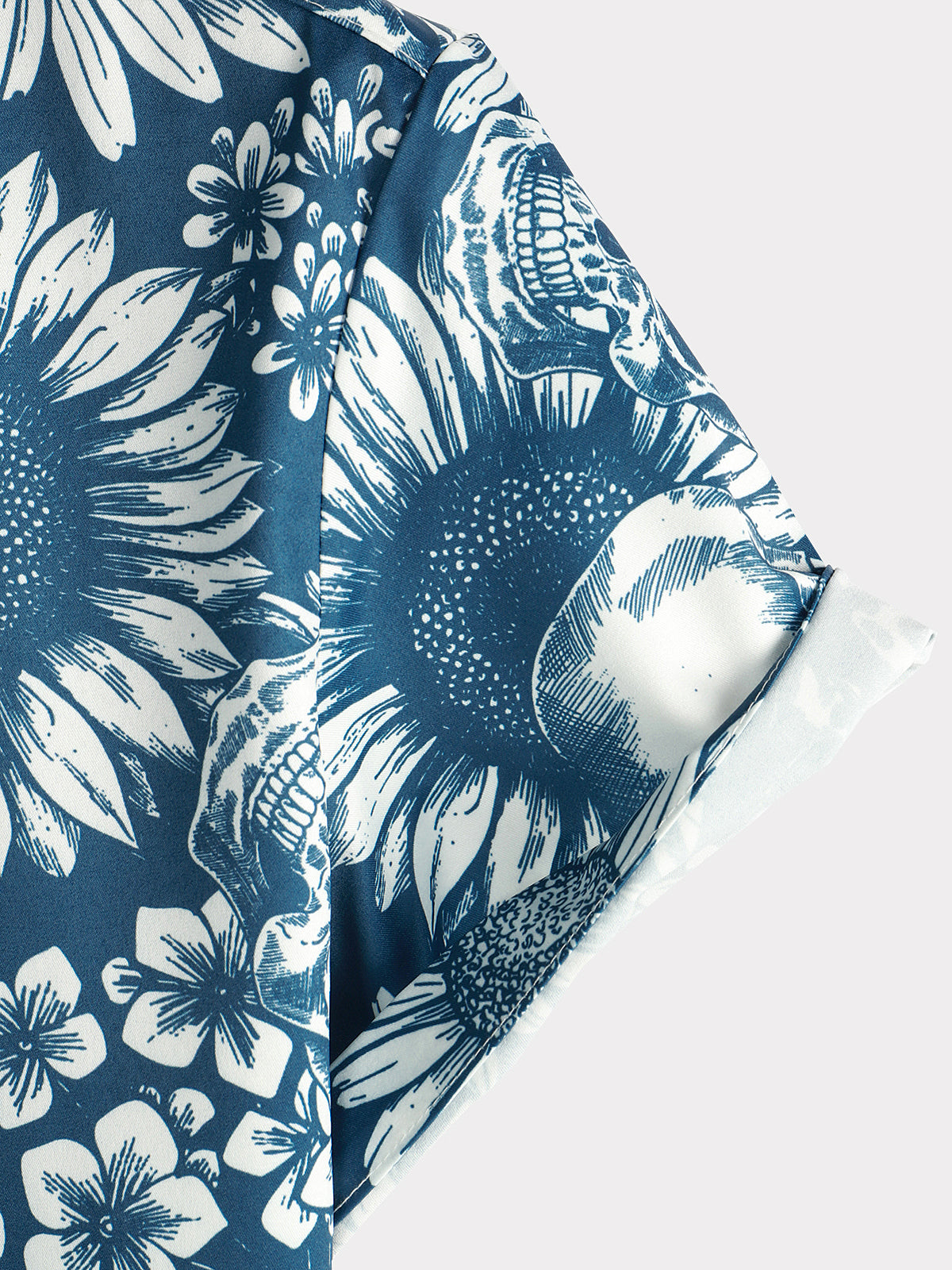 Men's Skull Sunflower Button Up Short Sleeve Art Flower Blue Rock and Roll Hawaiian Shirt