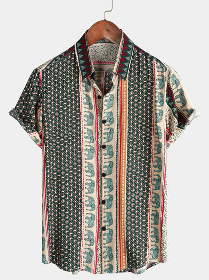 Men's Striped Elephant Print Retro Button Up Green Top Short Sleeve Shirt