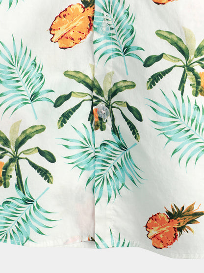 Men's Pineapple Print Cotton Tropical Fruit Holiday Short Sleeve Button Up Beach Hawaiian Shirt