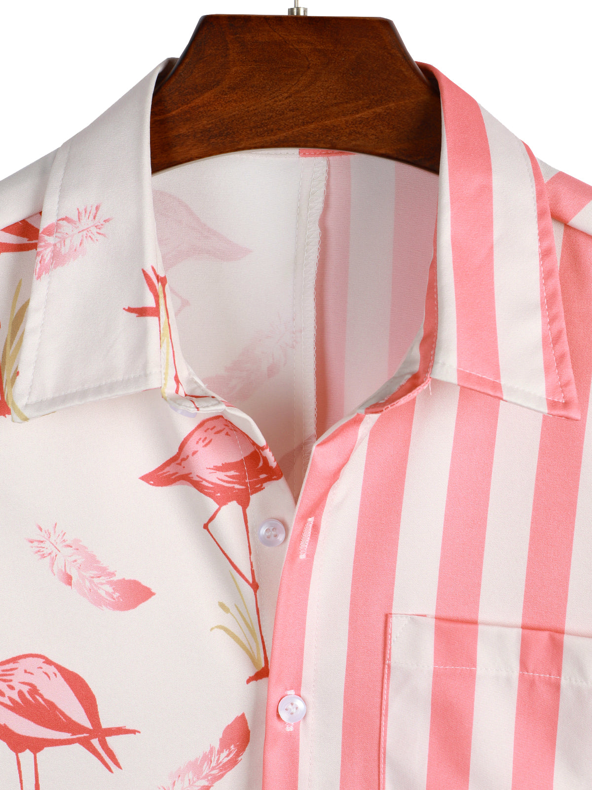 Men's Pink Flamingo & Striped Print Pocket Short Sleeve Shirt