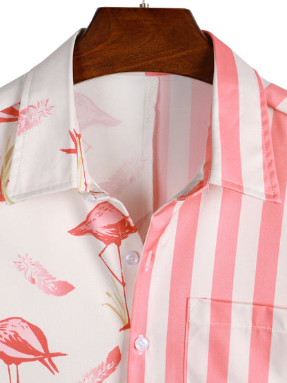 Men's Pink Flamingo & Striped Print Pocket Short Sleeve Shirt
