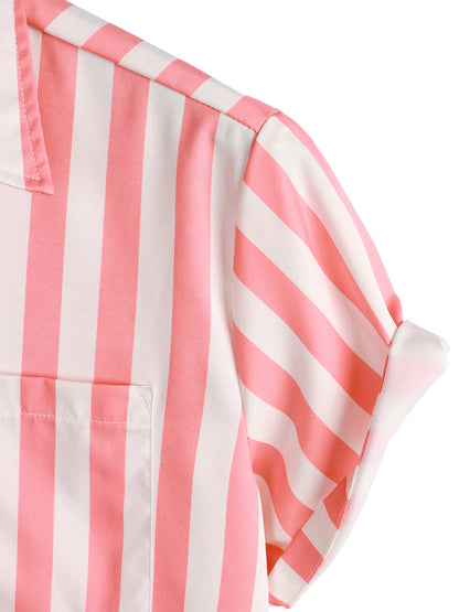 Men's Pink Flamingo & Striped Print Pocket Short Sleeve Shirt