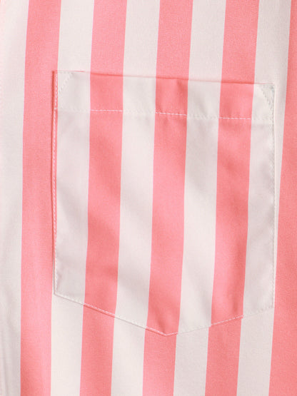Men's Pink Flamingo & Striped Print Pocket Short Sleeve Shirt