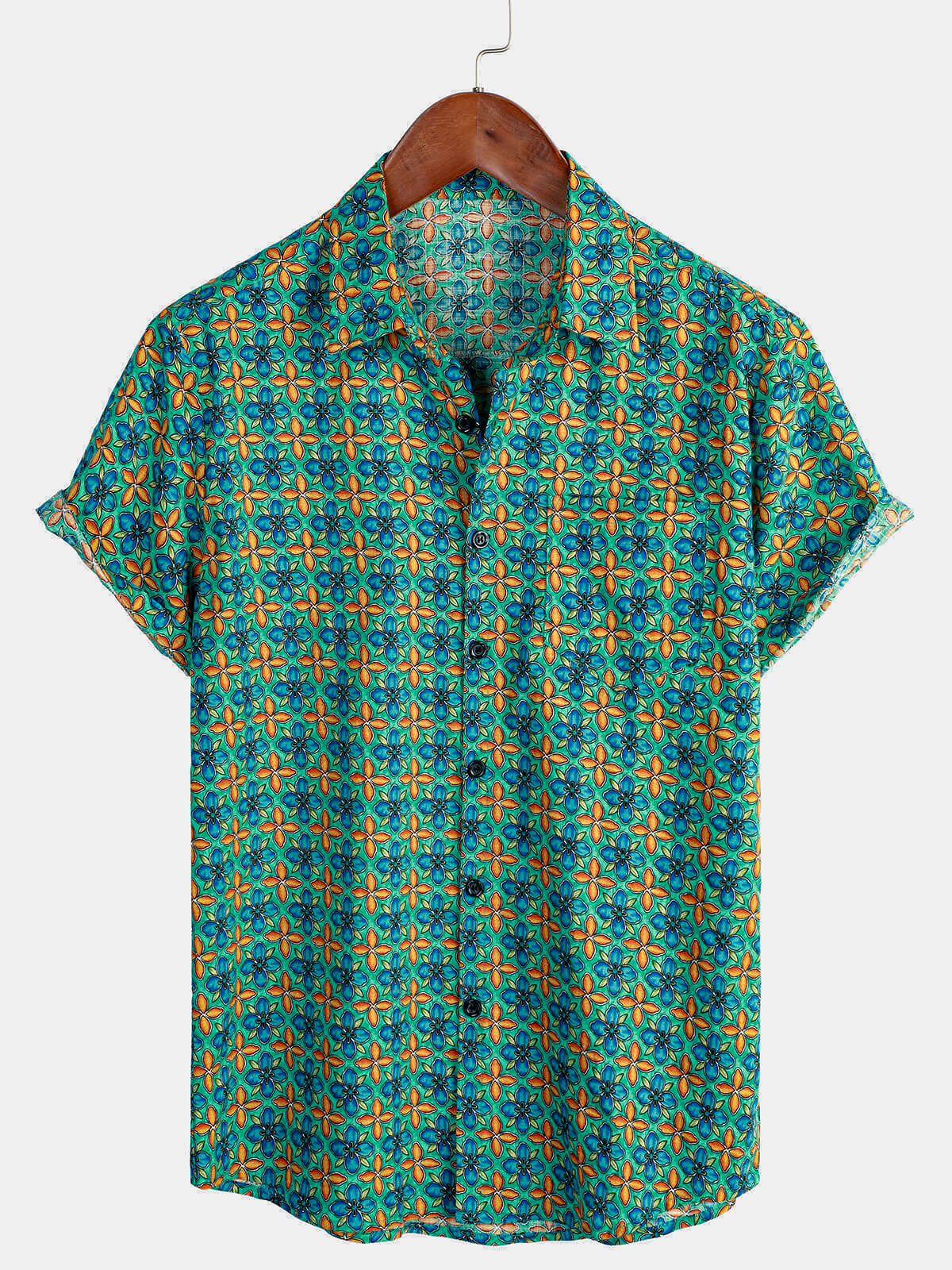 Men's Floral Vintage Short Sleeve Leisure Cotton Button Up Shirt