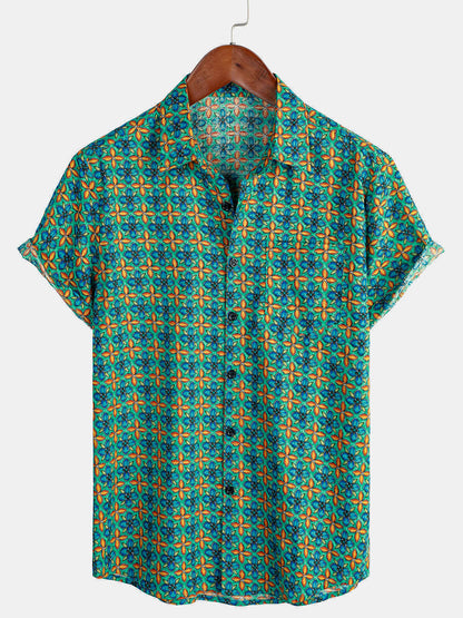 Men's Floral Vintage Short Sleeve Leisure Cotton Button Up Shirt
