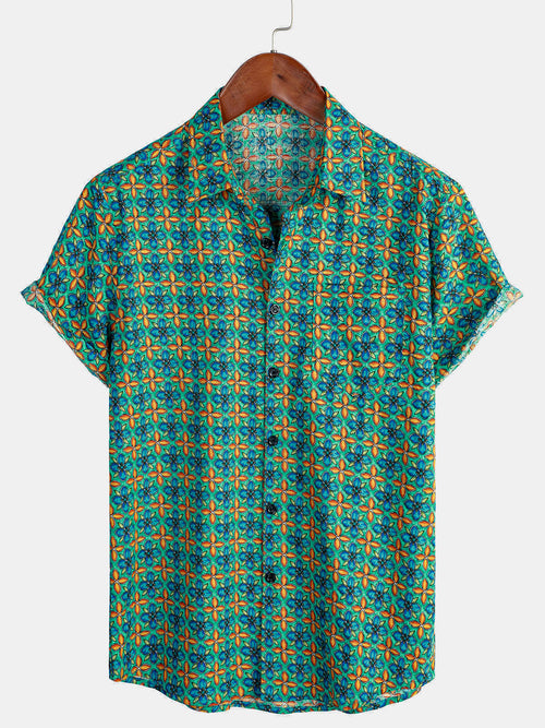 Men's Floral Vintage Short Sleeve Leisure Cotton Button Up Shirt