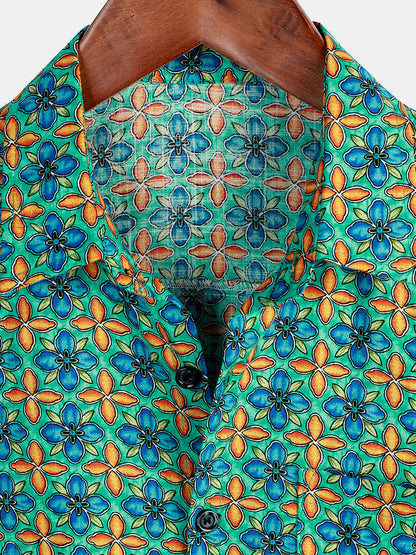 Men's Floral Vintage Short Sleeve Leisure Cotton Button Up Shirt