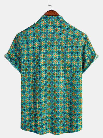 Men's Floral Vintage Short Sleeve Leisure Cotton Button Up Shirt