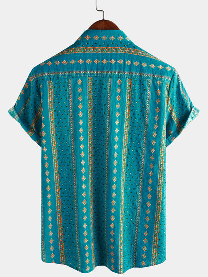 Men's Retro Striped Print Button Up 70s Vintage Short Sleeve Shirt