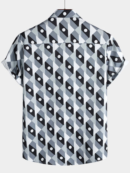 Men's Grey Geometric Graphic Leisure Coastal Weekend Travel Tropical Summer Shirt