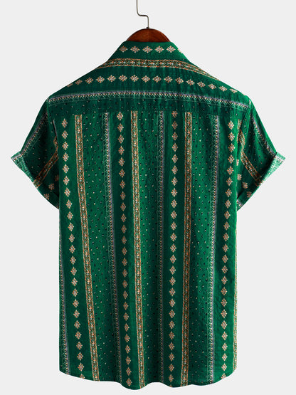 Men's Retro Green Striped Print Button Up 70s Vintage Short Sleeve Shirt