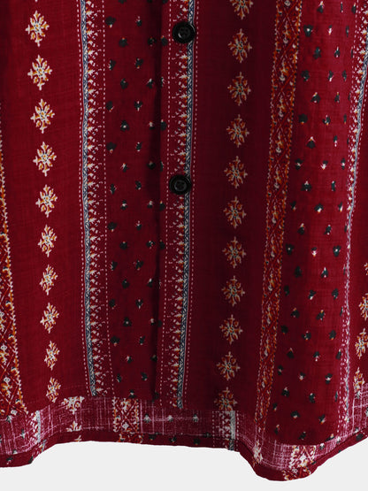 Men's Retro Red Striped Print Button Up 70s Vintage Short Sleeve Shirt