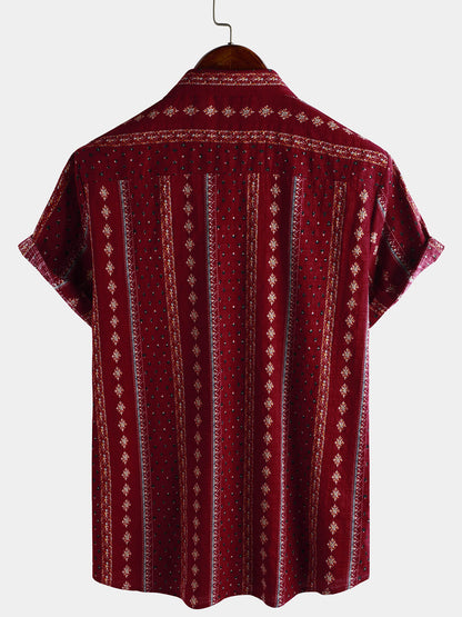 Men's Retro Red Striped Print Button Up 70s Vintage Short Sleeve Shirt