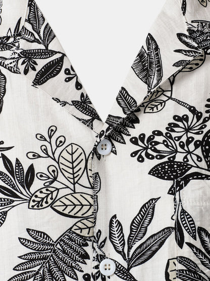 Men's White Tropical Leaf Print Casual Hawaiian Shirt