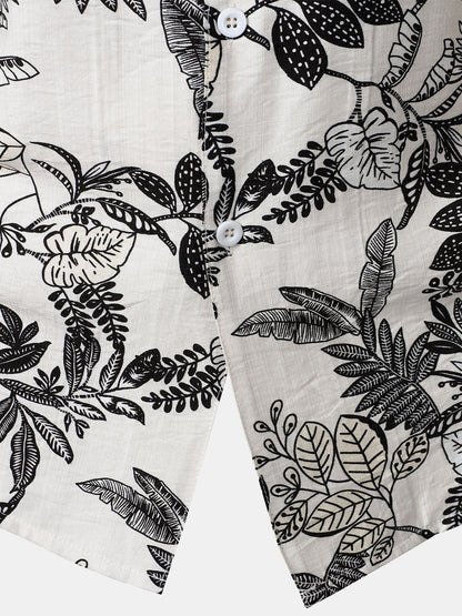 Men's White Tropical Leaf Print Casual Hawaiian Shirt