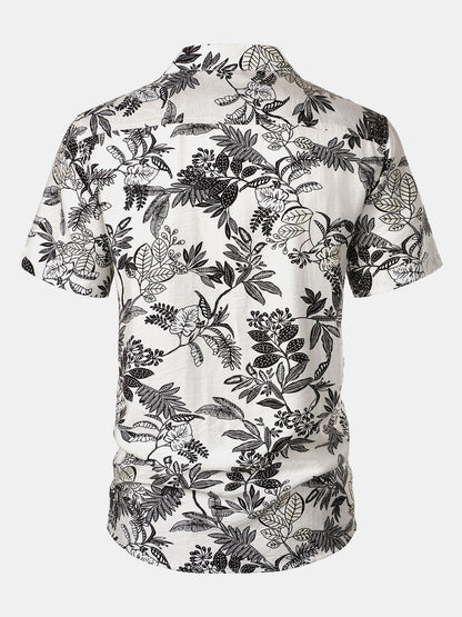 Men's White Tropical Leaf Print Casual Hawaiian Shirt