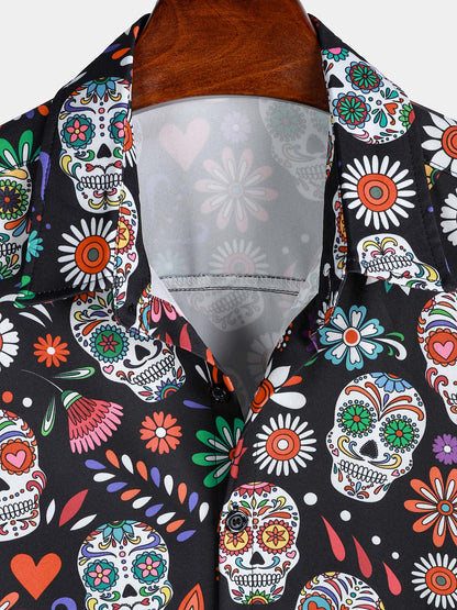 Men's Flower Skull Colorful Graphic Button Up Short Sleeve Punk Rock Art Shirt