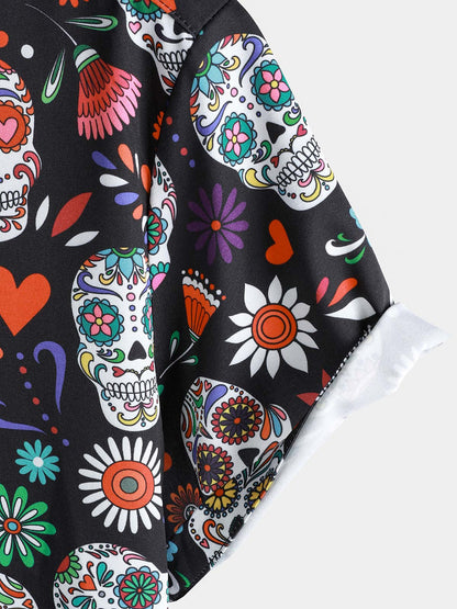 Men's Flower Skull Colorful Graphic Button Up Short Sleeve Punk Rock Art Shirt